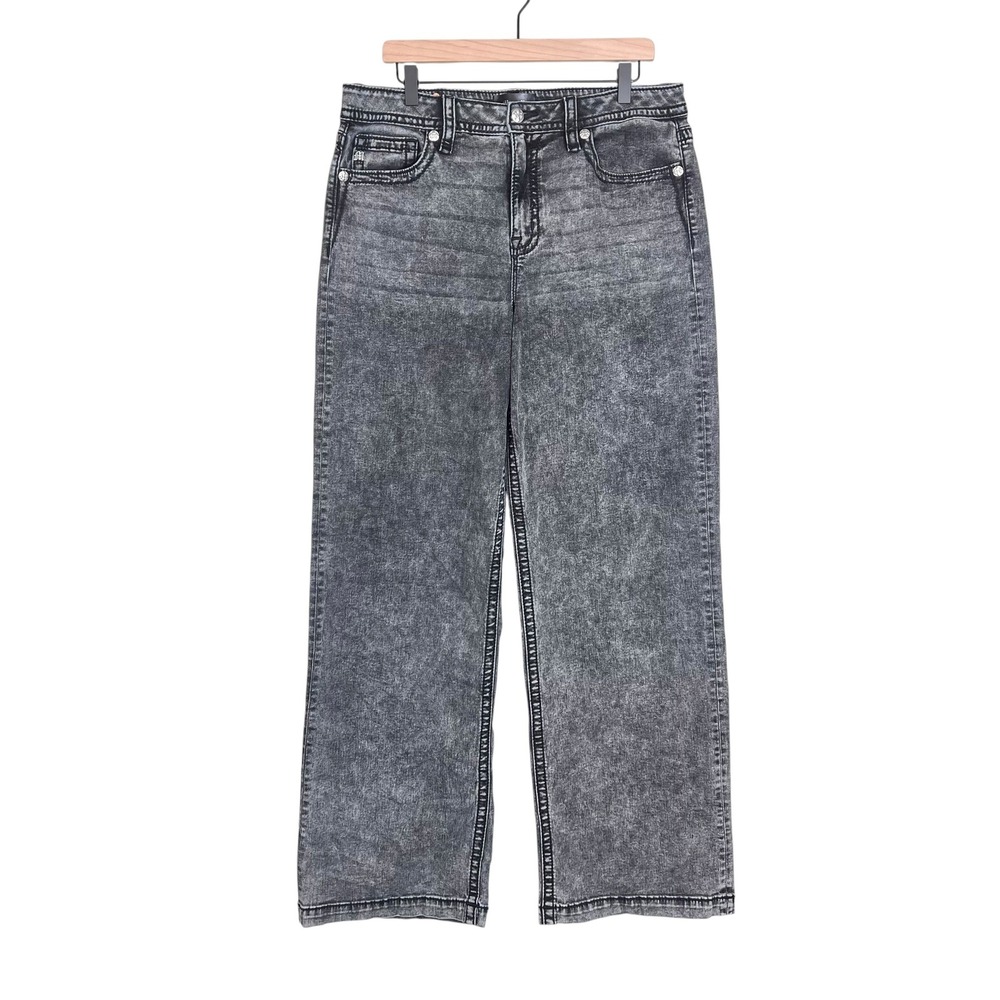 Miss Me Black High Rise Wide Leg Acid Wash Grey Embroidered Jeans H9467W3L 34
